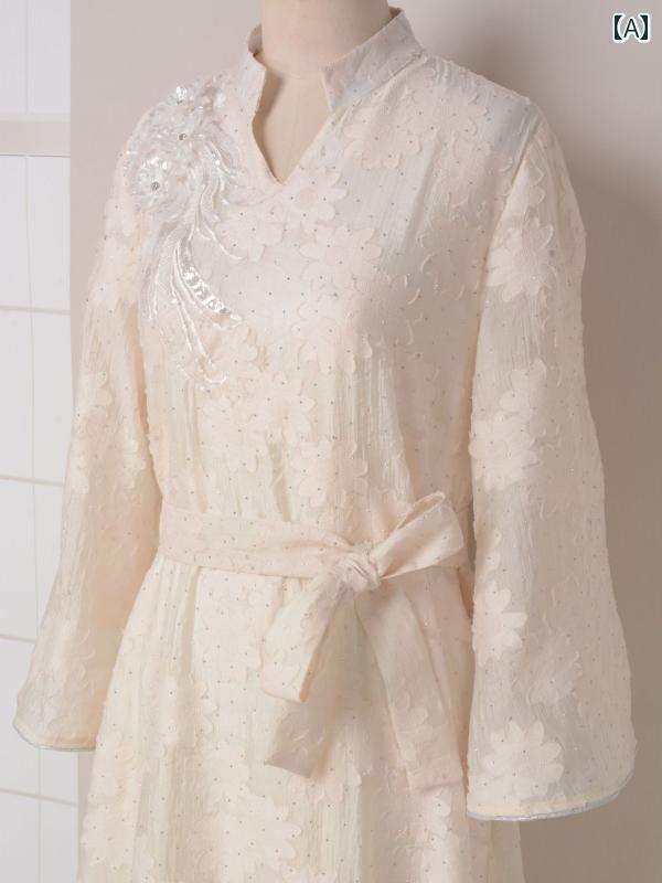 大人 ワンピース エレガント 上品 レディース チャイナ風 スタンドカラー Vネック 長袖 Aライン ロング ウエストリボン 刺繡 おしゃれ 花柄 白