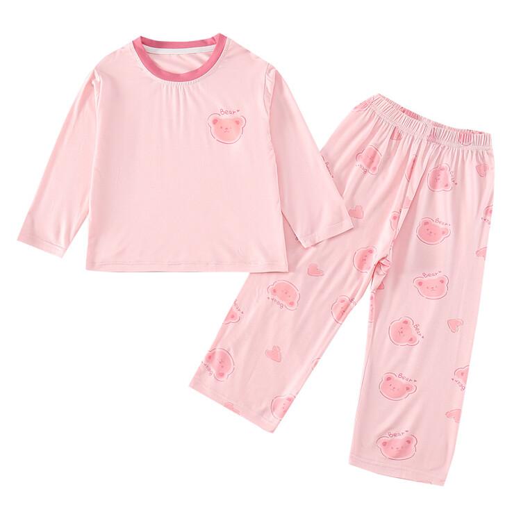 パジャマ キッズ 女の子 長袖 ルームウェア ベビー 幼児 上下セット ラウンドネック ウエストバンド 快適 通気性 柔らかい ゆったり プリント クマ かわいい ピンク 茶色 リビング 寝室 春秋