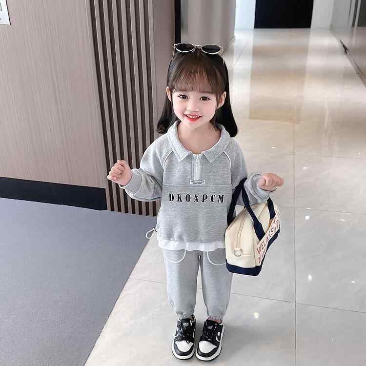 キッズ セットアップ 女の子 130 ベビー 韓国 春秋 スウェット 長袖 プルオーバー 襟 ハーフジップ ラ..