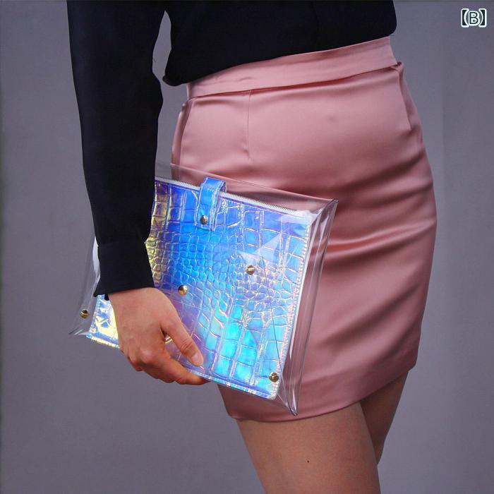 クリアバッグ おしゃれ 透明 クラッチ ゴールド リベット スナップ ボタン レディース ビニール PVC 防水 ヘビ柄 レザー 黒 カジュアル 普段使い パーティー
