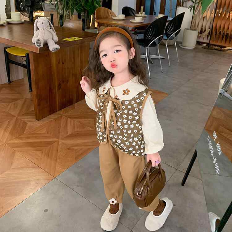 セットアップ キッズ 女の子 ベビー 春秋 ベスト 前開き リボン 長袖 ブラウス 丸襟 刺繍 パンツ ソフ..