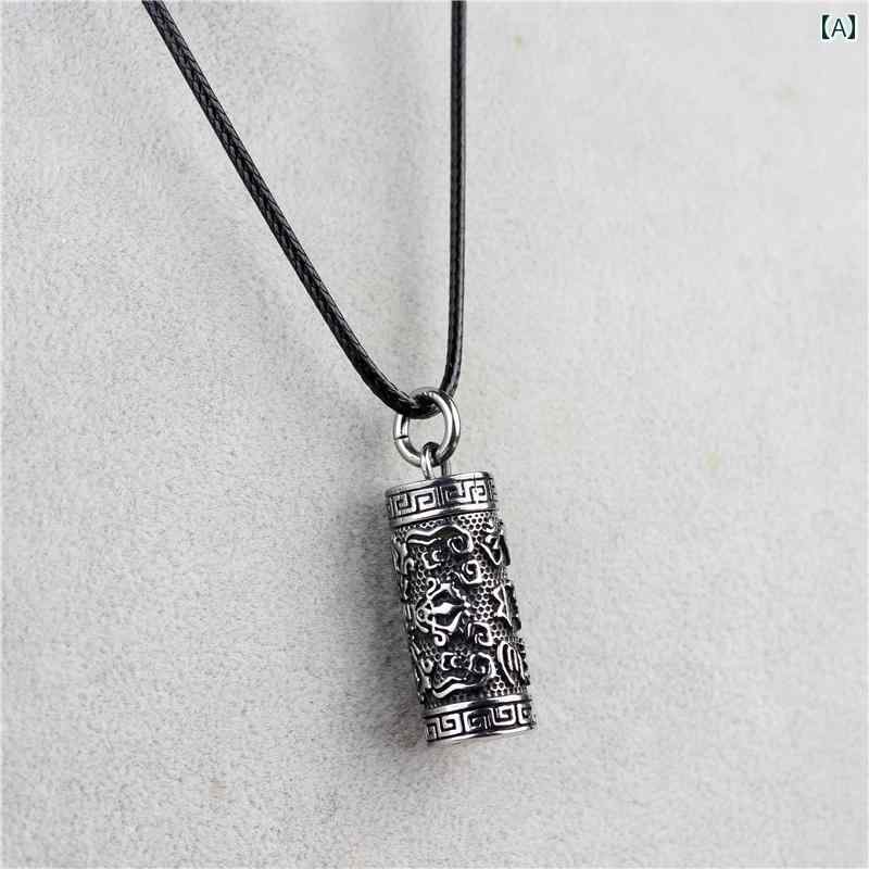ネックレス おしゃれ メンズ 男性 レディース 女性 ペンダント ロング チベット チタン 鋼 伝統 工芸 レトロ ガウボックス シルバー コード チェーン 防水 筒型