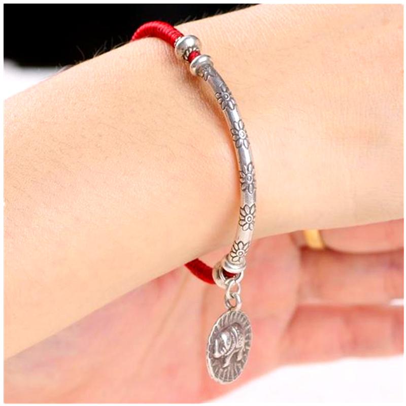 ブレスレット おしゃれ レディース 女性 エスニック 925 シルバー 伝統 工芸 レトロ 赤 黒 編み ロープ 銀 象 花 シンプル