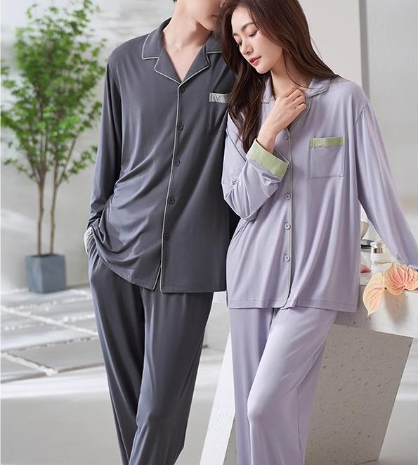 パジャマ レディース メンズ カップル 上下セット 部屋着 ナイトウェア 春夏秋冬 長袖 前開き Vネック ..