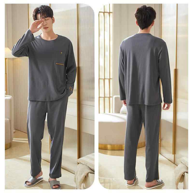 パジャマ メンズ 部屋着 ルームウェア おしゃれ 大きいサイズ 上下 セットアップ コットン 長袖 プルオーバー ロングパンツ ウエストゴム ポケット 薄手 ラウドネック ゆったり 柔らかい 通気性 ストレッチ 伸縮 快適 ストライプ プレゼント グレー