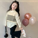 ベスト キッズ 女の子 2点セット 韓国 春秋 ニット プルオーバー ラウンドネック ショート丈 長袖 シャツ 襟 ボタン かわいい ソフト カジュアル シンプル ストライプ ピンク ベージュ