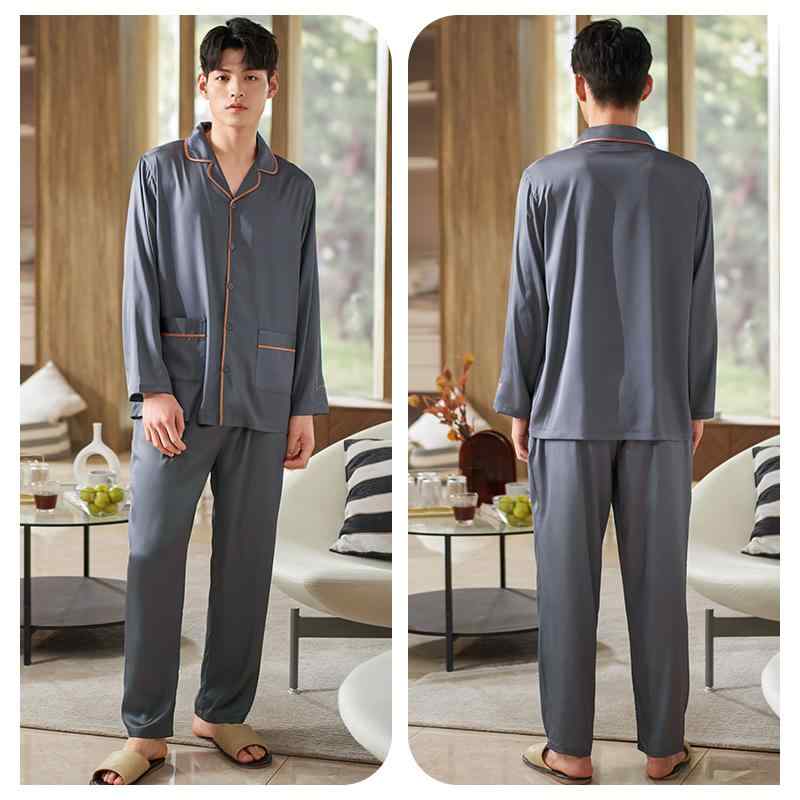 パジャマ メンズ 部屋着 ルームウェア おしゃれ 大きいサイズ 上下 セットアップ 長袖 前あき ボタン ロングパンツ ウエストゴム ポケット 襟 薄手 ゆったり 柔らかい 通気性 ひんやり 涼しい 速乾 快適 プレゼント シンプル 光沢 黒 グレー