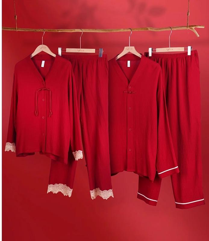 パジャマ レディース メンズ カップル 上下セット 部屋着 ナイトウェア 春夏秋冬 長袖 前開き Vネック パンコウ レース ポケット ウエストゴム チャイナ風 薄手 吸湿 通気性 柔らかい 大きいサイズ 赤