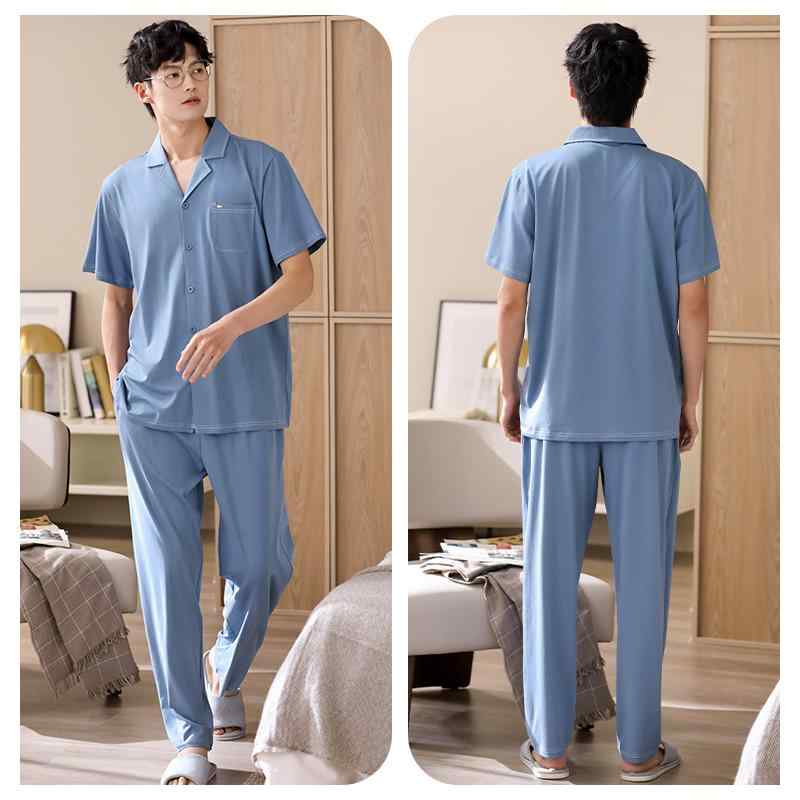 パジャマ メンズ 部屋着 ルームウェア おしゃれ 大きいサイズ 上下 セットアップ コットン 半袖 前あき ボタン ロングパンツ ウエストゴム ポケット 襟 薄手 ゆったり 柔らかい 通気性 抗菌 涼しい 快適 プレゼント シンプル 青 グレー 茶色