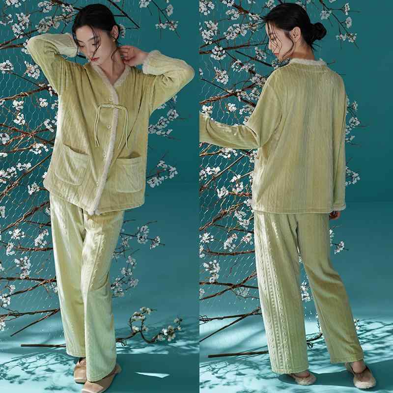 パジャマ レディース 冬 暖かい 上下セット フリース 長袖 前開き Vネック ボタン ポケット ファー パンツ ウエストゴム 厚手 ゆったり ソフト 静電気防止 チャイナ風 おしゃれ 緑 ピンク 紫 大きいサイズ