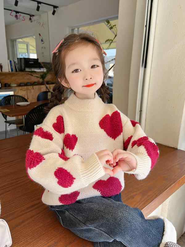 Sweater - 女の子 セーター キッズ ウール ニット 暖かい 秋冬 長袖 ラウンドネック プルオーバー トップス インナー 刺繡 かわいい ハート ベージュ