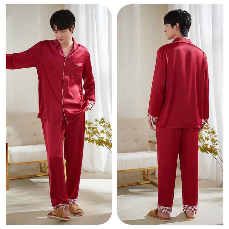 パジャマ メンズ 部屋着 ルームウェア おしゃれ 大きいサイズ 上下 セットアップ 長袖 前あき ボタン ロングパンツ ウエストゴム ポケット 襟 薄手 ゆったり 柔らかい 通気性 ひんやり 涼しい 速乾 プレゼント シンプル 光沢 チェック 赤