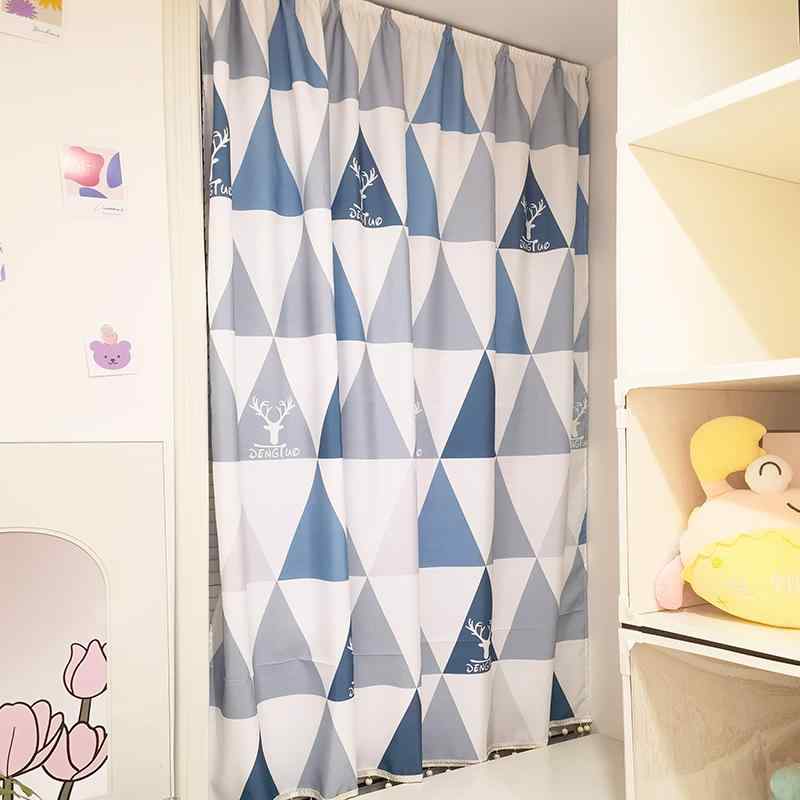 小窓用カーテン 家庭用 キッチン リビング 寝室 面ファスナー 遮光 パーテーション 目隠し ロング プリント 鹿 ビーズ おしゃれ 青