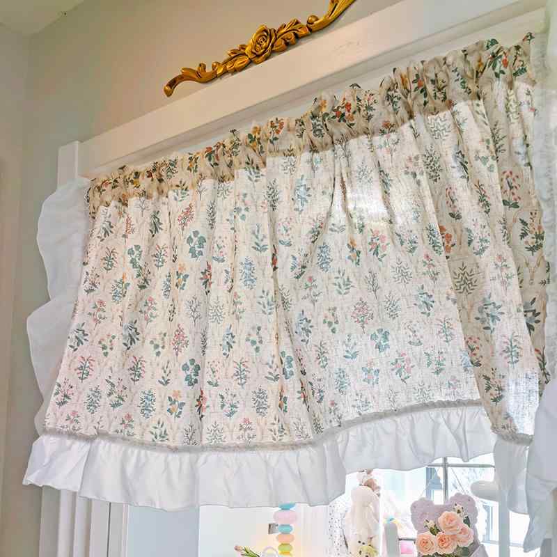小窓用カーテン 家庭用 リビング キッチン 寝室 パーテーション 目隠し ショート 遮光 布 綿 麻 フリル 花柄 植物 おしゃれ 白