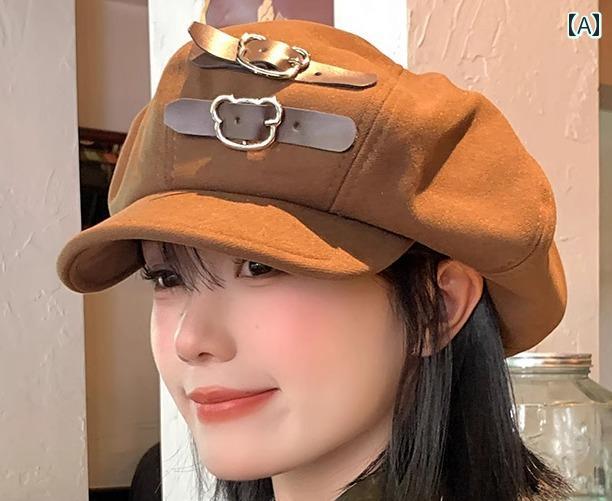 キャスケット 帽子 レディース 春夏秋冬 つば短 サイズ調節可能 小顔効果 旅行 ショッピング レトロ カジュアル かわいい 黒 クマ 茶色