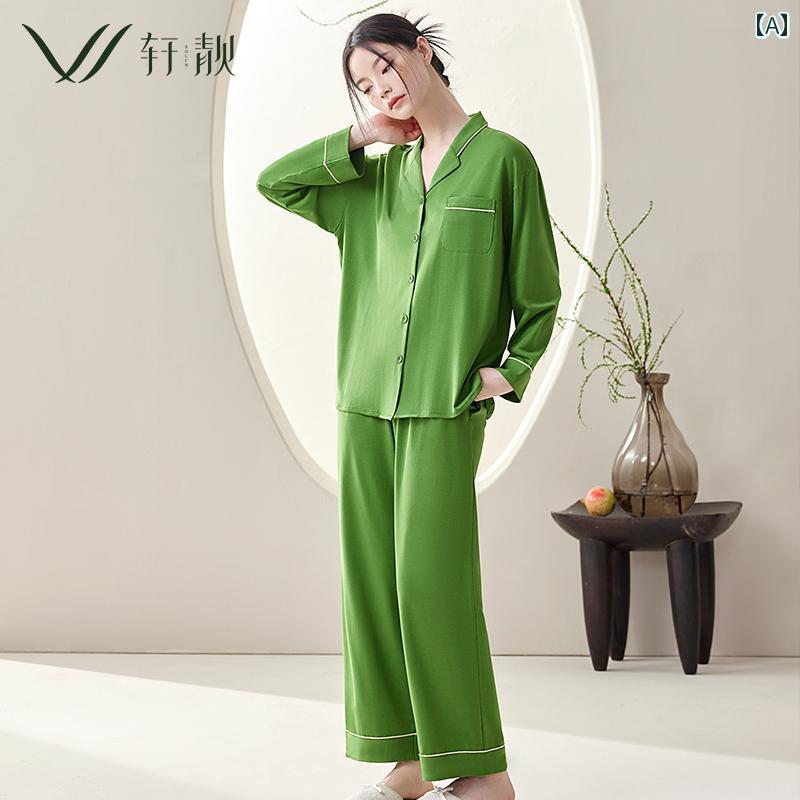パジャマ レディース 大人 薄手 綿 春秋 前ボタン ルームウェア 部屋着 長袖 ズボン 上下セット ウエストゴム 大きいサイズ 通気性 毛玉になりにくい おしゃれ シンプル 緑 黒 茶色