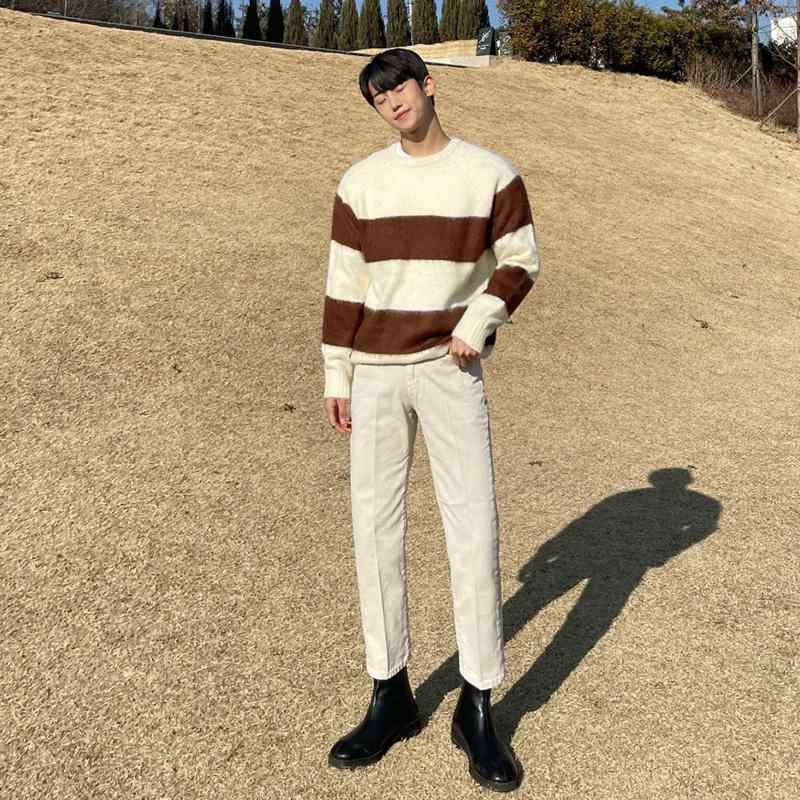 おしゃれ セーター メンズ 男性 紳士 韓国 春秋 ニット 長袖 ラウンドネック カジュアル 普段使い ルーズ ゆったり 茶色 緑 ストライプ ラグランスリーブ
