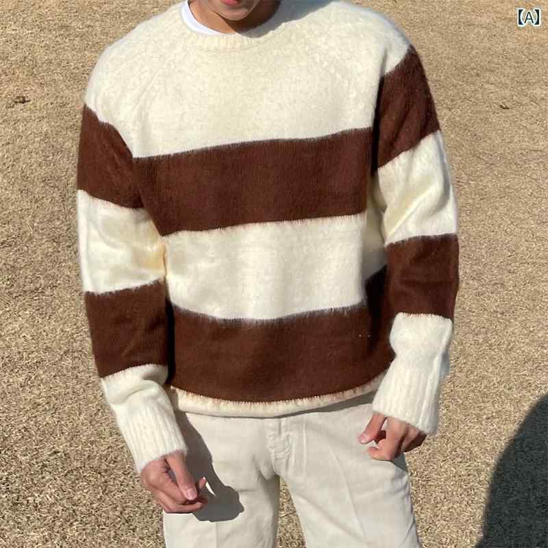 おしゃれ セーター メンズ 男性 紳士 韓国 春秋 ニット 長袖 ラウンドネック カジュアル 普段使い ルーズ ゆったり 茶色 緑 ストライプ ラグランスリーブ