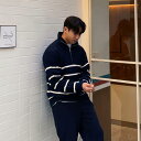 おしゃれ セーター メンズ 男性 紳士 韓国 秋冬 ニット 長袖 トップス 軽量 暖かい ハイネック カジュアル 普段使い ゆったり 青 グレー ハーフジップ ストライプ(4)