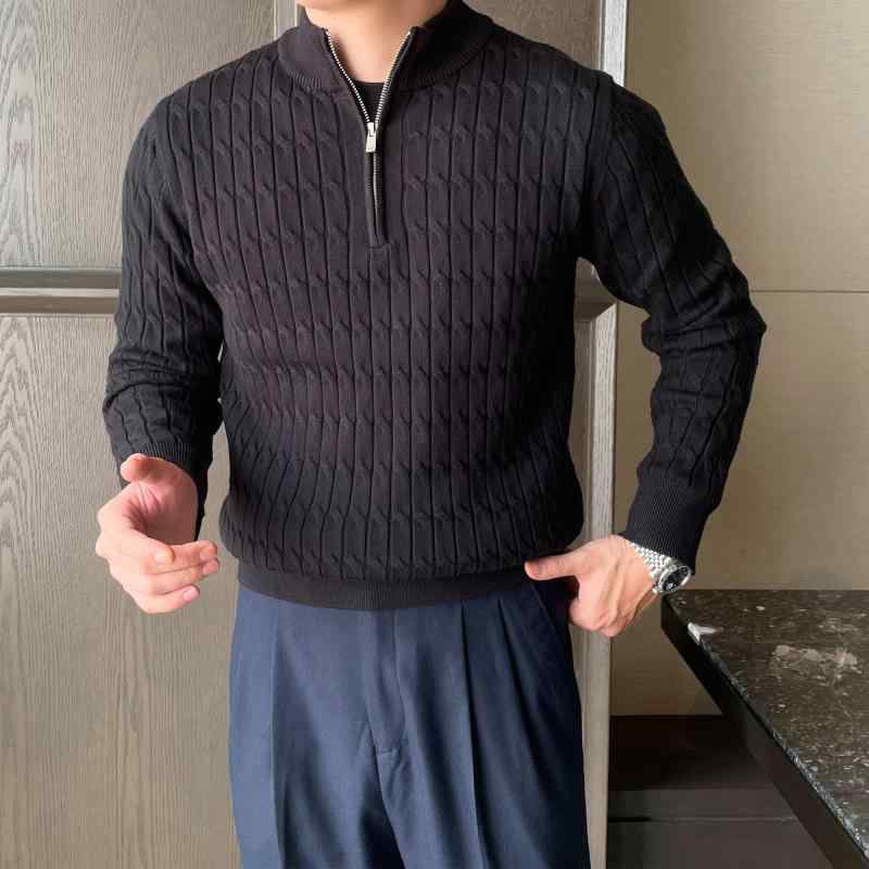 暖かい セーター メンズ 普段使い カジュアル 軽量 スリムフィット ジャカード ビスコース ポリエステル ナイロン 秋 プルオーバー 韓国 長袖 大きいサイズ ブリティッシュ 黒 茶色 アプリコット ハーフジップアップ ハイネック 柔らかい