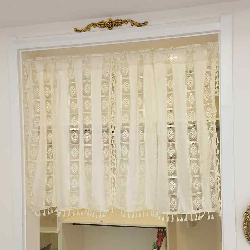 小窓用カーテン 田園風 ショート 小さめ 家庭用 キッチン 寝室 出窓 パーテーション 目隠し レース タッセル アイボリー おしゃれ