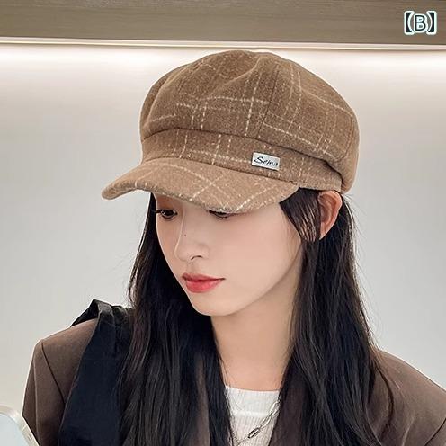 キャスケット 帽子 レディース 秋冬 つば付 小顔効果 すっぴん隠し 暖かい 旅行 ショッピング 韓国 レトロ カジュアル おしゃれ チェック柄 茶色 カーキ 黒