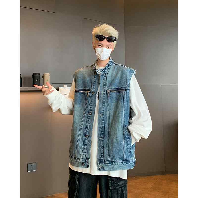 ベスト メンズ 秋 長袖 男性用 レトロ デニム ゆったり 大きいサイズ カジュアル スタンドカラー ノースリーブ チョッキ 前開き ボタン ジッパー ポケット 無地 かっこいい 黒 青