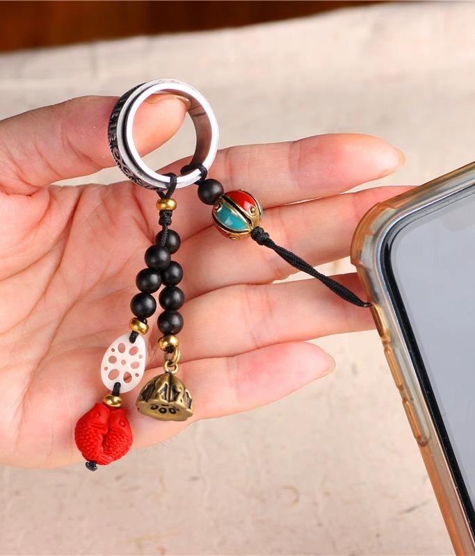 キーホルダー おしゃれ レディース 車 スマホ ストラップ チタン 金剛 リング 真鍮 蓮 辰砂 双魚 ビー..