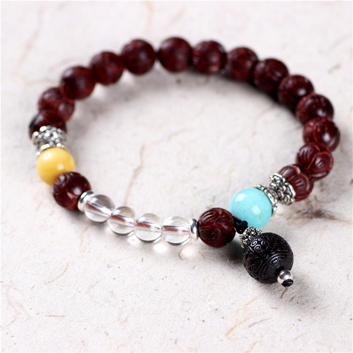 ブレスレット レディース アクセサリー シングル 2連 ビーズ インド 小叶紫檀 蓮 蜜蝋 レトロ エスニッ..