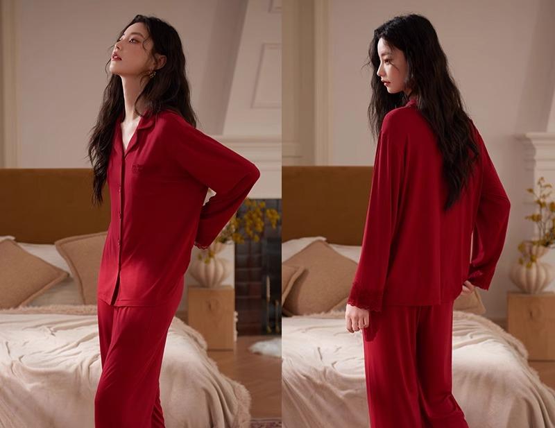 パジャマ レディース 春秋 大人 長袖 ズボン 前ボタン 上下セット ルームウェア 部屋着 シンプル ウエストゴム 大きいサイズ 通気性 柔らかい おしゃれ 赤