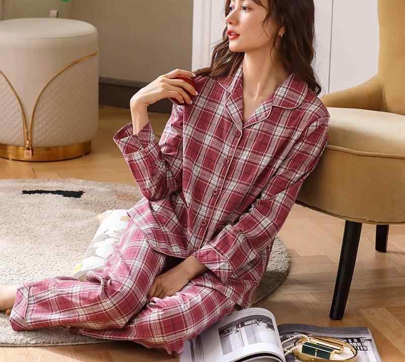 パジャマ レディース 春秋 チェック柄 前ボタン 上下セット ルームウェア 部屋着 大人 長袖 ズボン 綿 ウエストゴム 大きいサイズ 速乾性 おしゃれ 紫