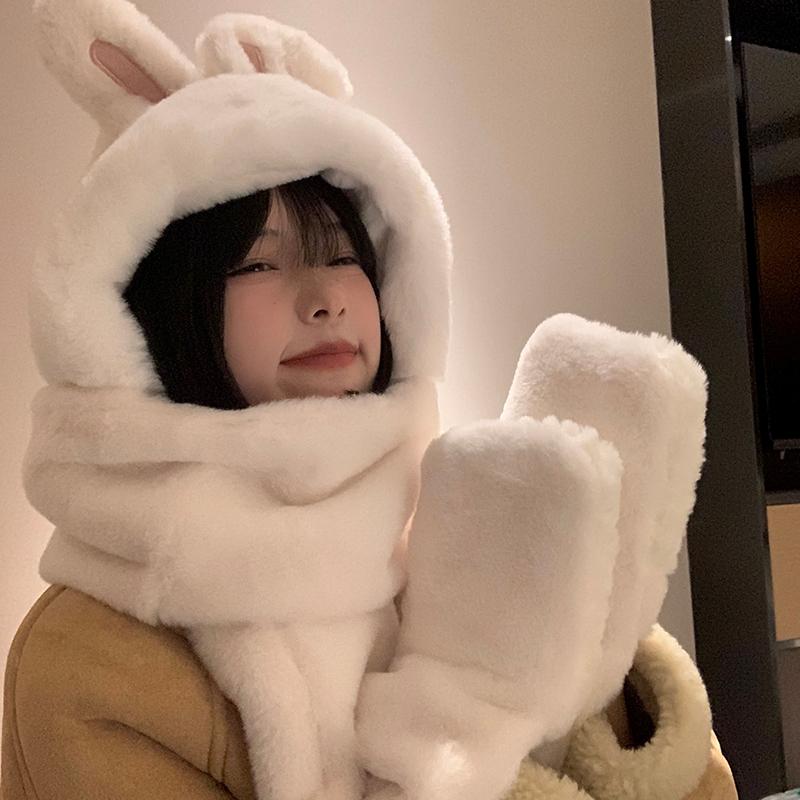 帽子 マフラー 手袋 一体 冬 暖かい 厚手 かわいい 白 うさぎ 耳付き フード 韓国 3点セット もこもこ フリーサイズ アウトドア 旅行 お出かけ 10代