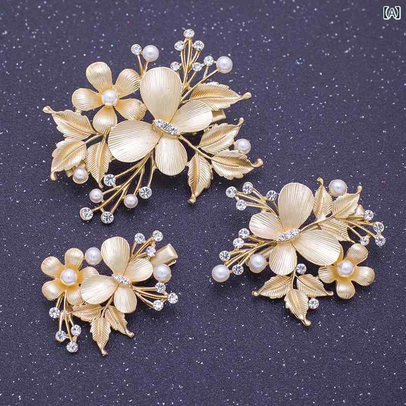 髪飾り ヘアーアクセサリー ウェディング ブライダル 韓国 コーム Uピン クリップ フラワー リーフ 蝶 パール ビーズ ビジュー 合金 ヘッドドレス 花嫁 結婚式 披露宴 前撮り パーティー イベント 演出 演奏会 小物 キラキラ ゴールド セット