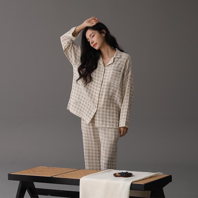 パジャマ レディース 長袖 春秋 女性 男性 メンズ 綿 織り 二重 ガーゼ シンプル チェック 柄 ルームウ..