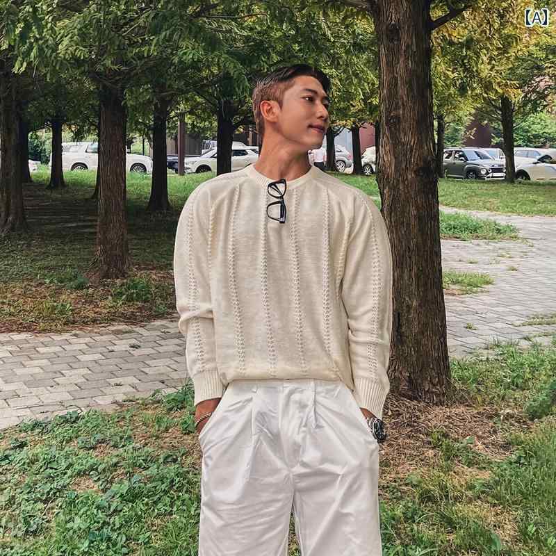 暖かい セーター メンズ 無地 ラウンドネック 秋冬 春 韓国 カジュアル スリムフィット プルオーバー 白 黒 おしゃれ 普段使い シンプル おでかけ トップス