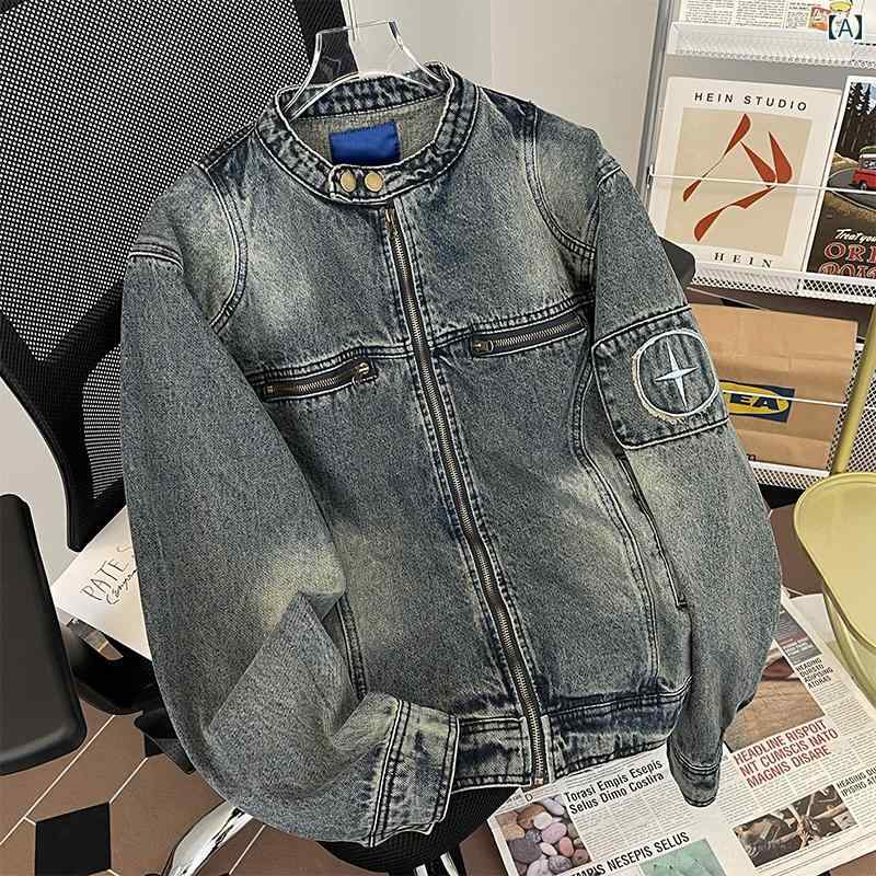 ジャケット メンズ 秋 長袖 レトロ ダメージ デニム ストリート 春 スタンドカラー アウター ゆったり 大きいサイズ ジップアップ ワンポイント 刺繍 カジュアル 普段使い レジャー かっこいい 青