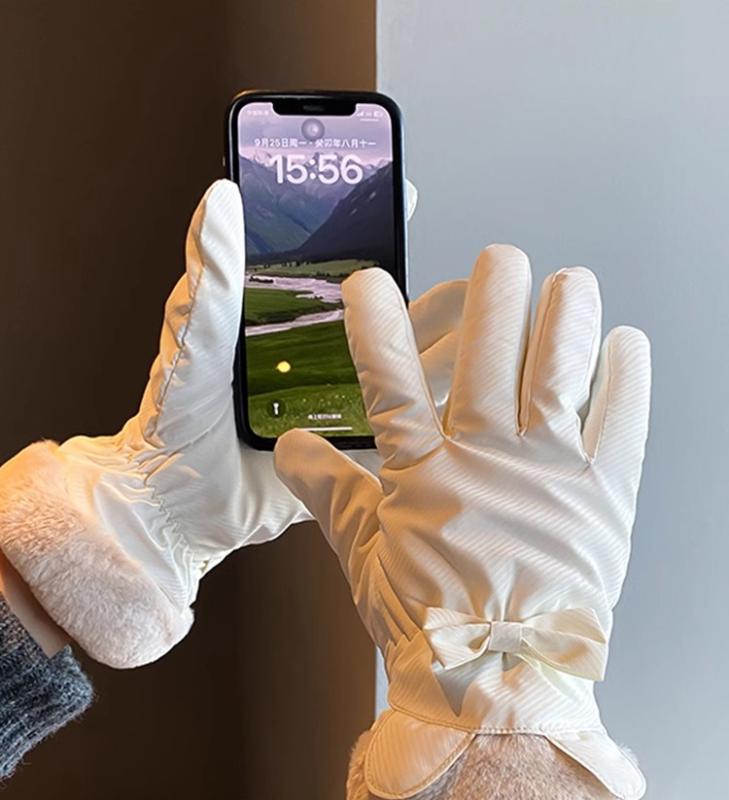 手袋 レディース 暖かい スマホ対応 冬用 保温 5本指 厚手 裏ボア 撥水 防風 うさ耳 リボン付き かわいい 通学 自転車 防寒 旅行 ギフト フリーサイズ ポリエステル 黒 ピンク グレー