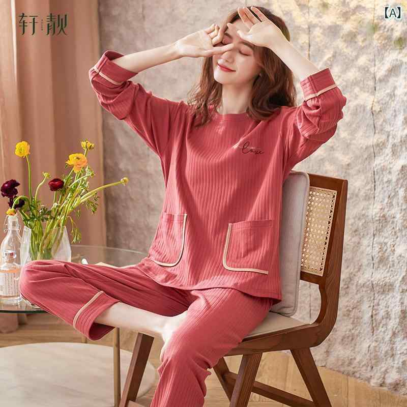 パジャマ レディース 上下セット ラウンドネック ルームウェア 部屋着 春秋 綿 大人 長袖 ズボン ウエストゴム 大きいサイズ 通気性 毛玉になりにくい ポケット おしゃれ 緑 ピンク 赤