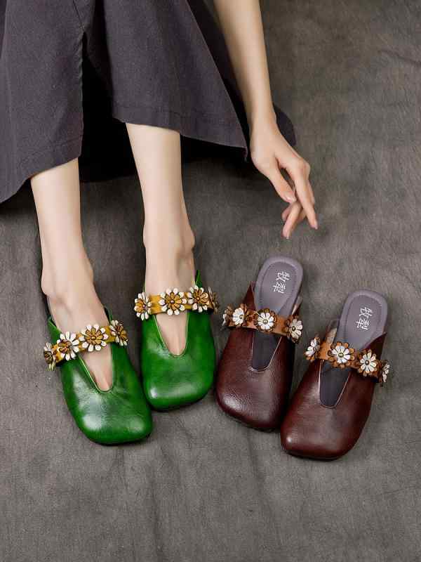 レディース サンダル ミュール レトロ 革 スリッパ つっかけ フラワー 花 フラット ぺたんこ 歩きやすい 夏 女性 PU 緑 茶色 30代 40代
