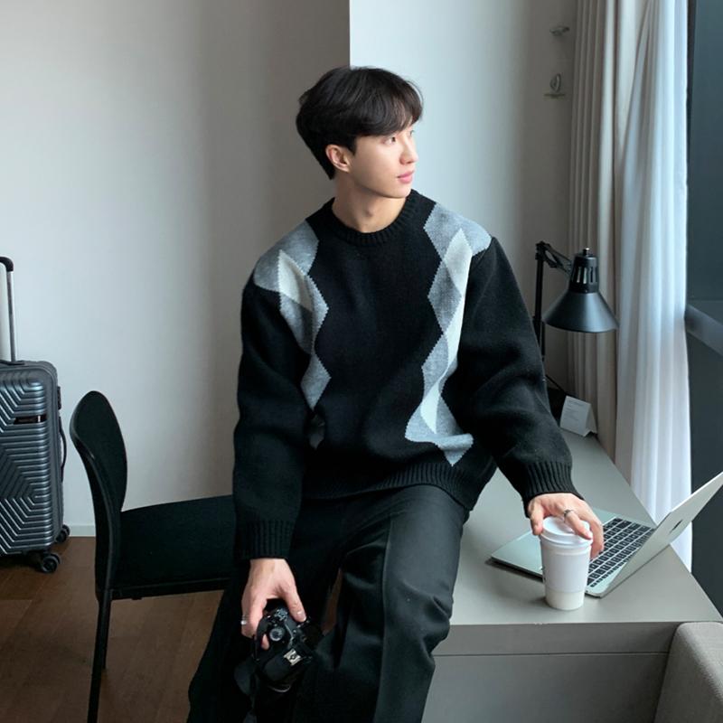 おしゃれ セーター メンズ 男性 紳士 韓国 秋冬 ニット 長袖 トップス ラウンドネック カジュアル 普段使い 黒 アーガイル 柄 ゆったり