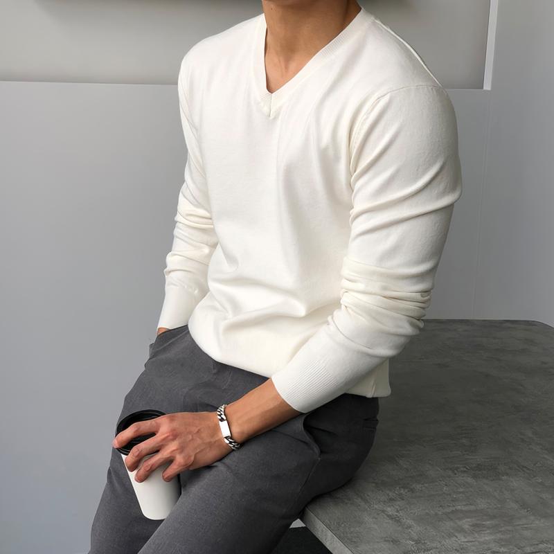 おしゃれ セーター メンズ 男性 紳士 韓国 春秋 ニット 長袖 トップス Vネック カジュアル オフィス 普段使い 白 ベージュ 黒 無地 シンプル