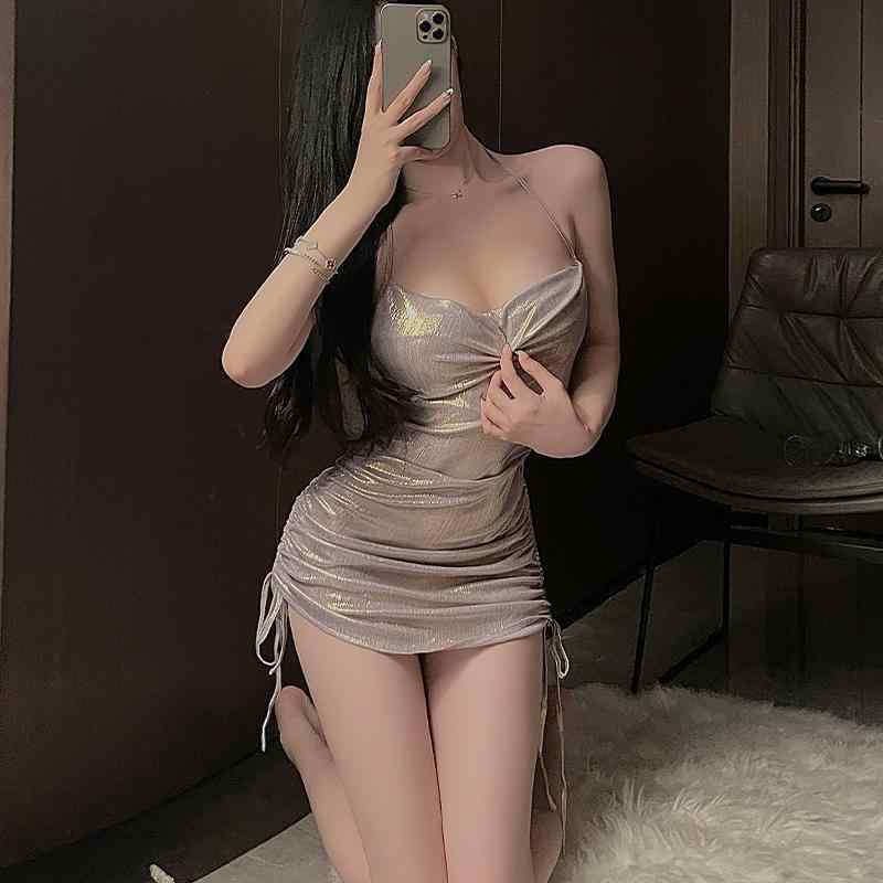 セクシー ルームウェア ナイト パジャマ 女性 ホットガール セット ローカット クラブ 巾着 スリム ヒップ ドレス