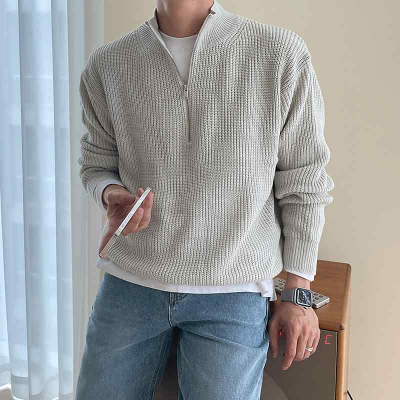 セーター メンズ ハーフジップ レディース 秋冬 韓国 ルーズ 柔らかい 普段使い アウトドア 無地 カジュアル 長袖 防寒 厚手 暖かい グレー 黒