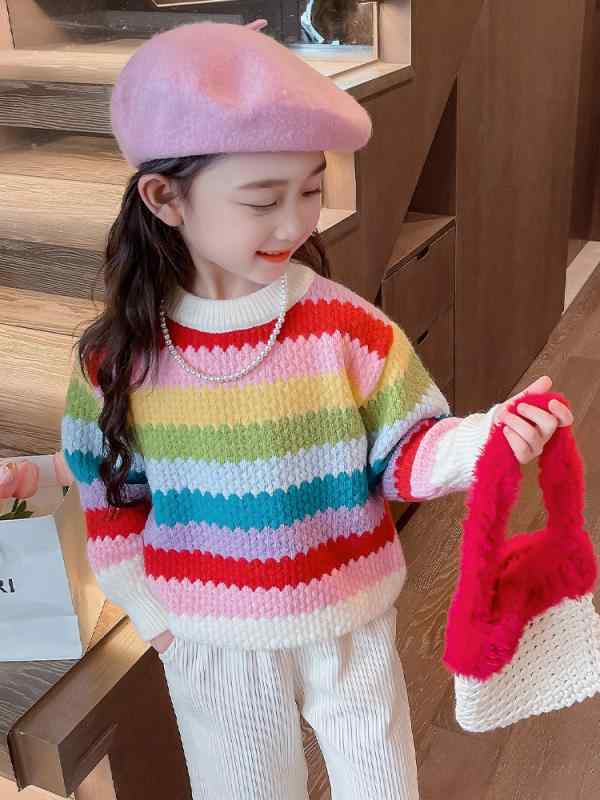 子供服 セーター 春秋 韓国 女の子 長袖 トップス ニット ラウンドネック プルオーバー ゆったり チュール 通気性 吸湿性 柔らかい シンプル カジュアル かわいい レインボー 茶 ストライプ柄