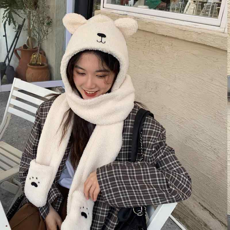 マフラーレディース おしゃれ 女性 婦人 韓国 秋冬 暖かい 保温 カジュアル 通勤 通学 普段使い アイボリー 茶色 アニマル 耳 フード付き ふわふわ