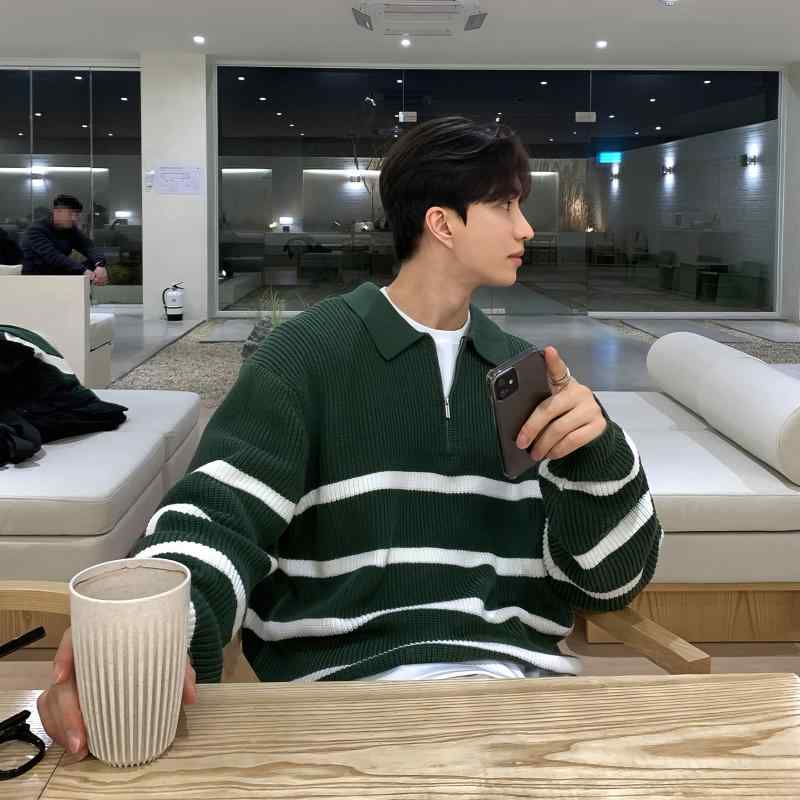 セーター メンズ 秋冬 ボーダー アメリカン ストリート ハーフジップ カジュアル 普段使い アウトドア ゆったり 防寒 厚手 暖かい 韓国 長袖 緑 黒