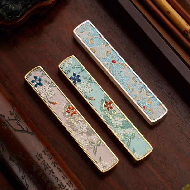 文鎮 おしゃれ 真鍮 ブロケード 長方形 光沢 2本セット 収納袋 書道 文房具 レトロ エレガント 花柄 緑 ピンク ゴールド プレゼント 誕生日 記念品