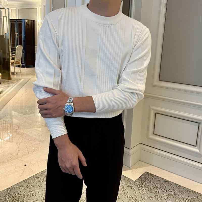 セーター メンズ 秋冬 シンプル カジュアル 長袖 ニット 英国風 暖かい 柔らかい ラウンドネック スリム 普段使い ビジネス おしゃれ ストライプ 大きいサイズ 黒 白