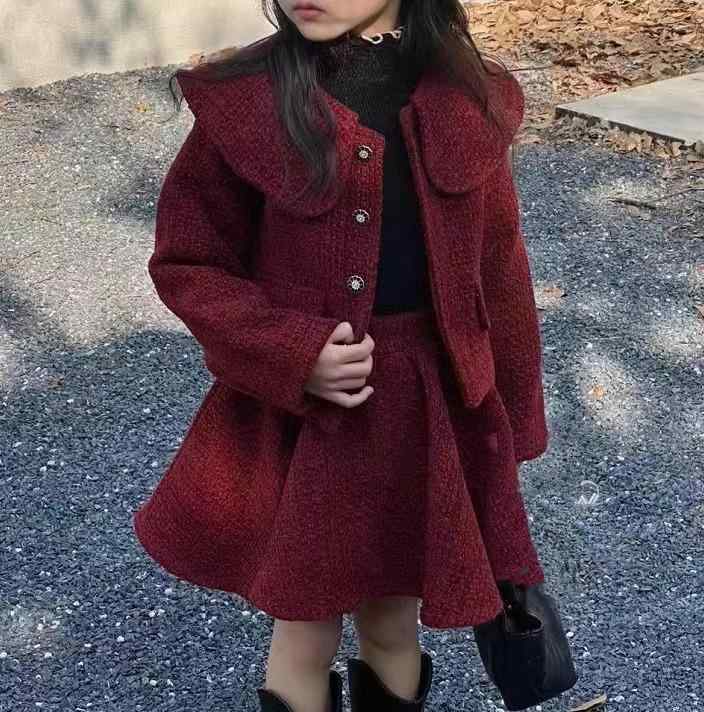 ジャケット 冬 キッズ アウター 女の子 ガールズ 秋 厚手 上下セット トップス ボトムス ビッグカラー ボタン 前開き フレア スカート 中綿 カジュアル 普段使い レジャー おしゃれ 無地 赤