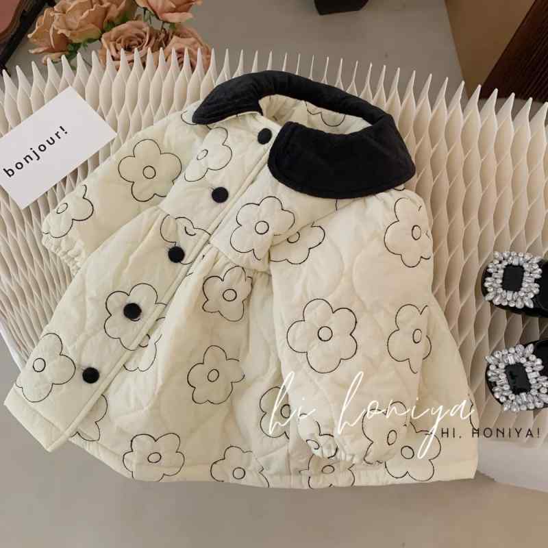 キッズ 冬 アウター 女の子 綿 韓国 子ども 秋 ベージュ 厚手 暖かい ラウンドネック シングルブレスト ポリエステル 花柄 おしゃれ 普段使い おでかけ 裏起毛